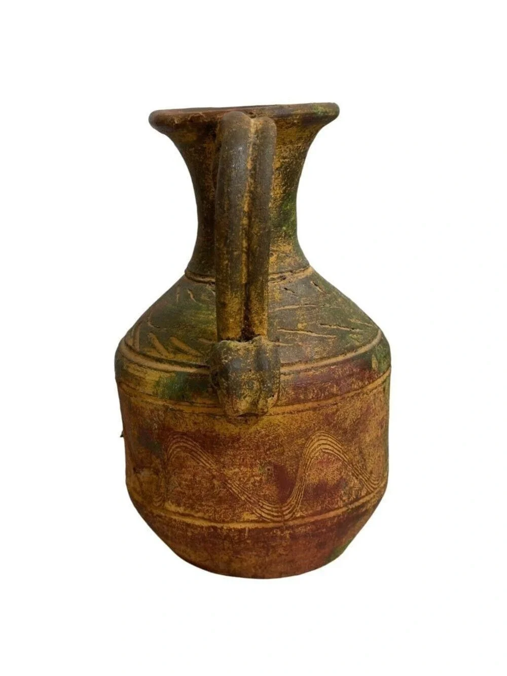 Vintage Rustic Handmade Mexican Clay 2 Handle Pottery Vase Artisan Earth Tones